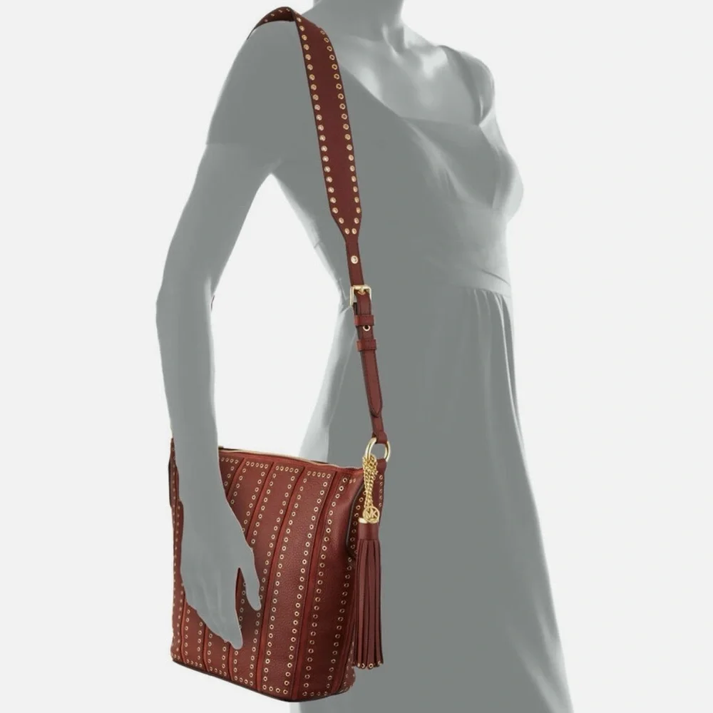 NWT Michael Kors Brown ‘Brooklyn Grommet Leather Feed Bag’ Crossbody in “Brick”